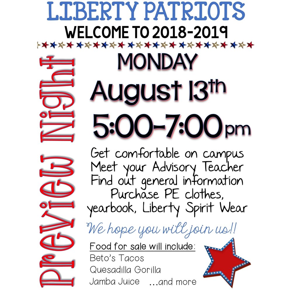 Preview Night Monday 8 13 Liberty Middle School