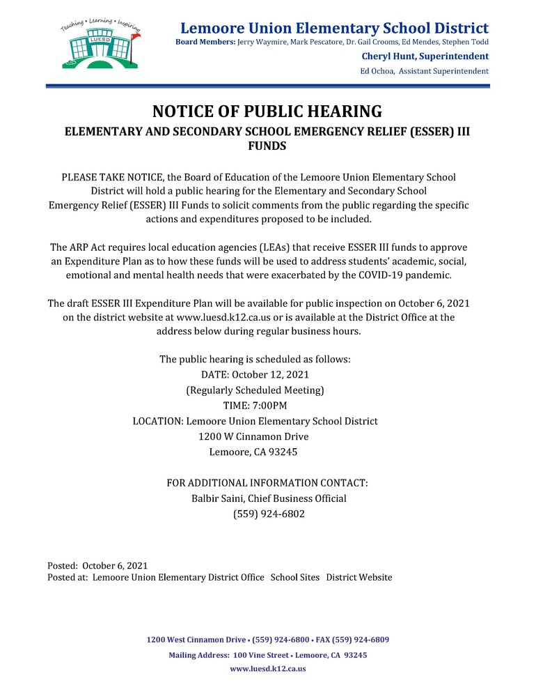 Public Hearing - ESSER III FUNDS