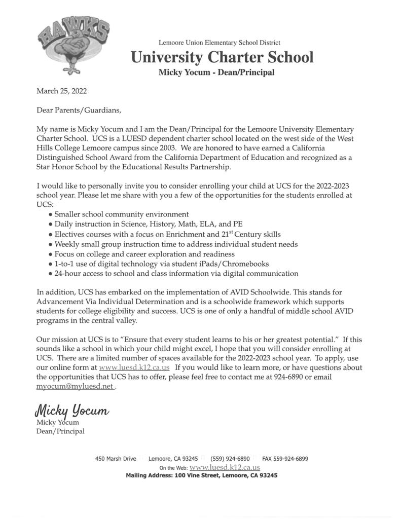 UCS Enrollment Letter