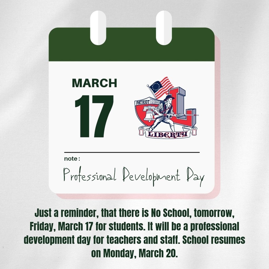 Just a reminder, there is no school for our students tomorrow, Friday, March 17. We will be having professional development for teachers and staff. School resumes on Monday, March 20.